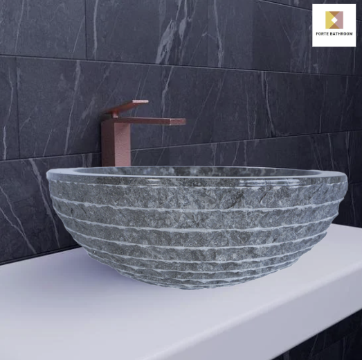 Forma Groove - Marble Vanity Basin - Textured Exterior 02 - 15cm Height - Cream or Grey - Dia 40cm - Natural Stone