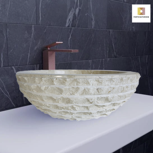 Forma Groove - Marble Vanity Basin - Textured Exterior 02 - 15cm Height - Cream or Grey - Dia 40cm - Natural Stone