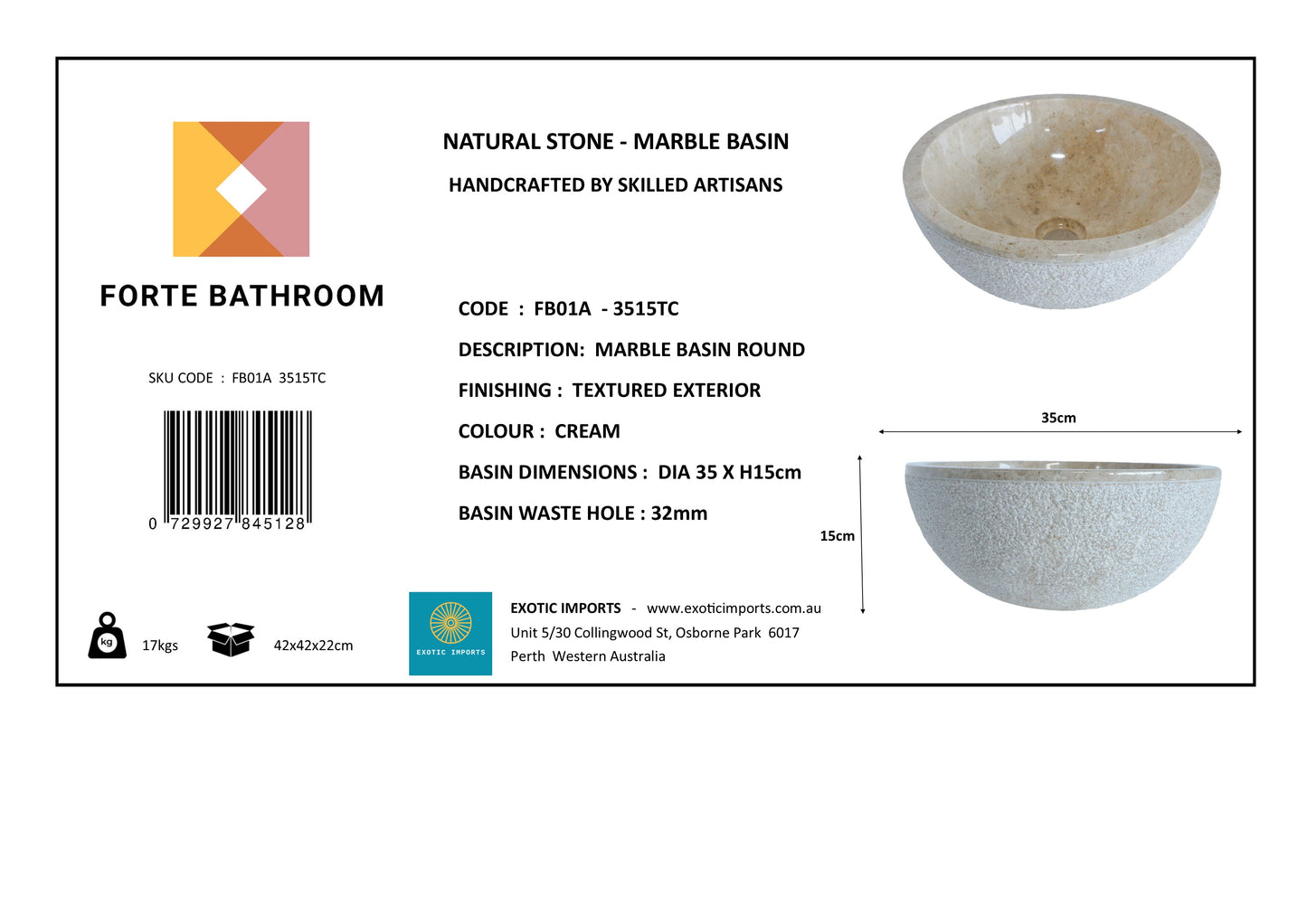 Forma Eros - Marble Vanity Basin -Textured Exterior 01 - 15cm Height - Cream or Grey - 35/40/45cm - Natural Stone