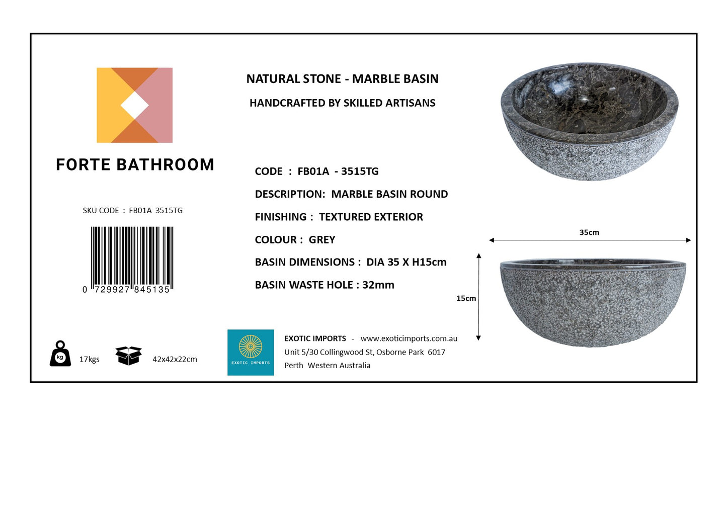 Forma Eros - Marble Vanity Basin -Textured Exterior 01 - 15cm Height - Cream or Grey - 35/40/45cm - Natural Stone