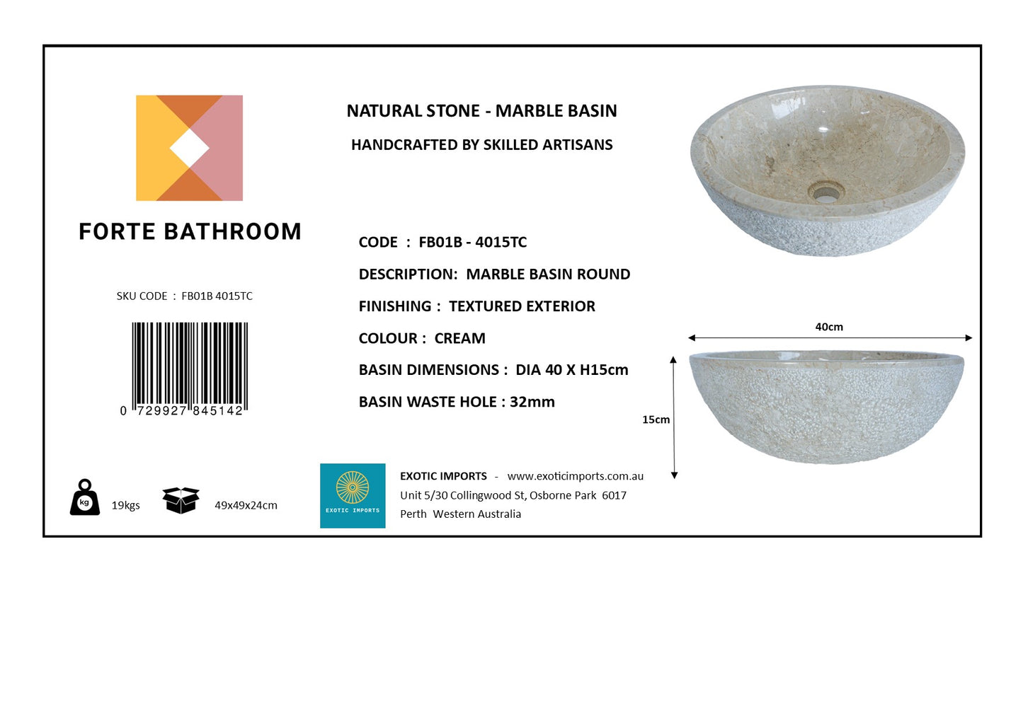 Forma Eros - Marble Vanity Basin -Textured Exterior 01 - 15cm Height - Cream or Grey - 35/40/45cm - Natural Stone