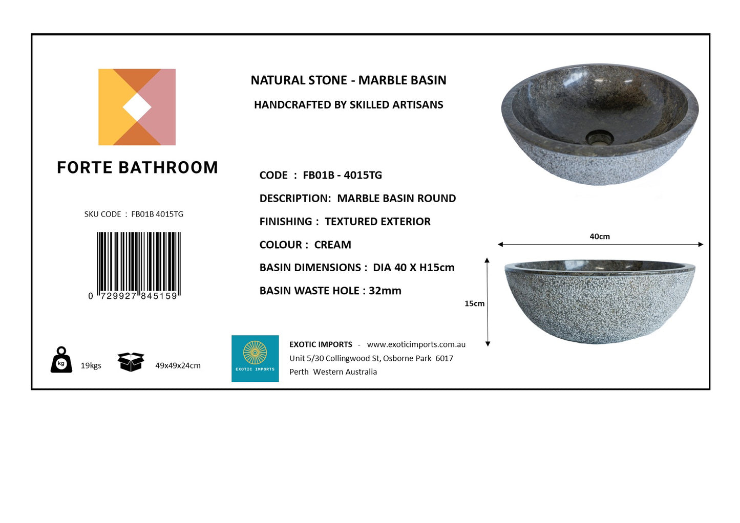 Forma Eros - Marble Vanity Basin -Textured Exterior 01 - 15cm Height - Cream or Grey - 35/40/45cm - Natural Stone