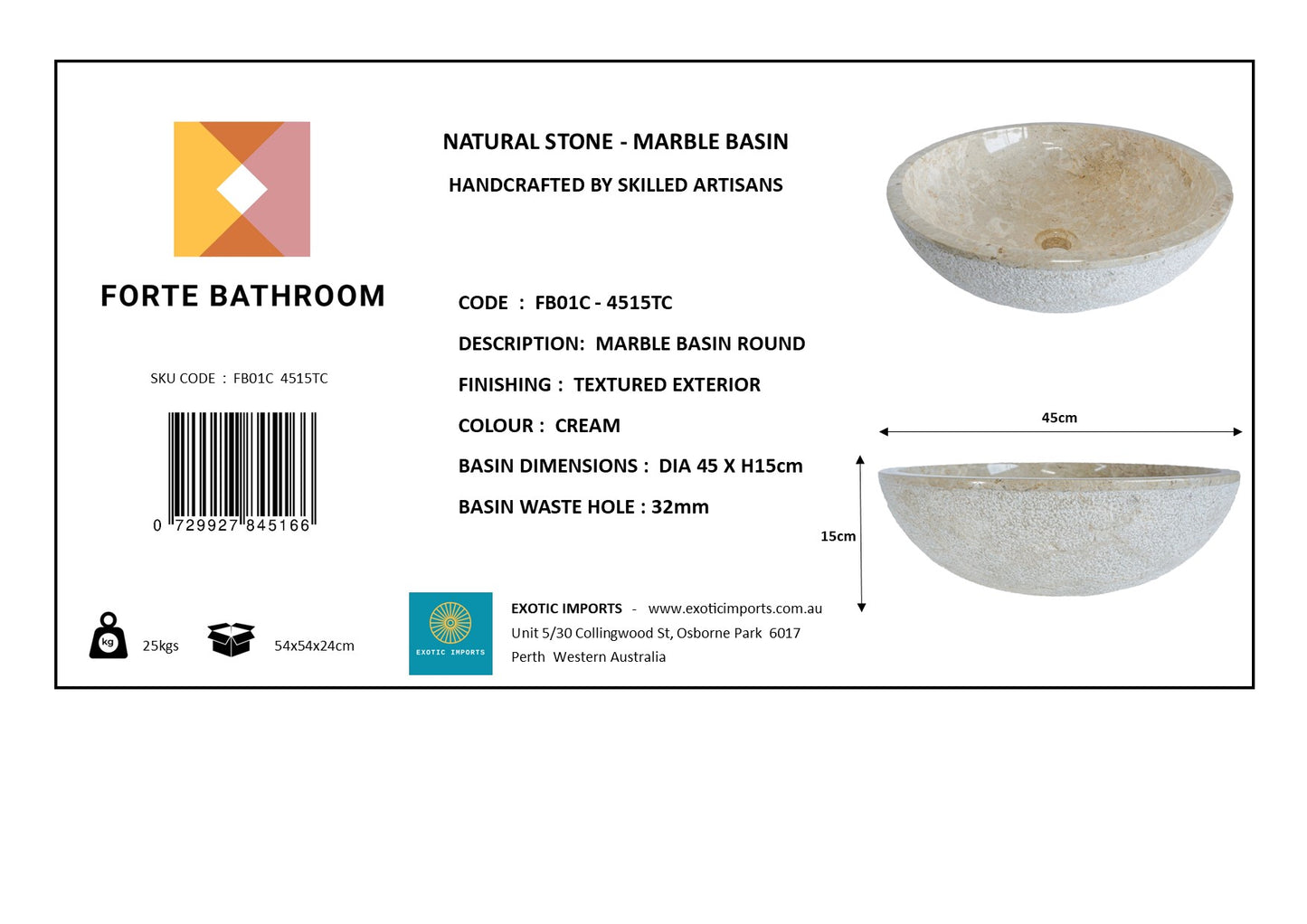 Forma Eros - Marble Vanity Basin -Textured Exterior 01 - 15cm Height - Cream or Grey - 35/40/45cm - Natural Stone
