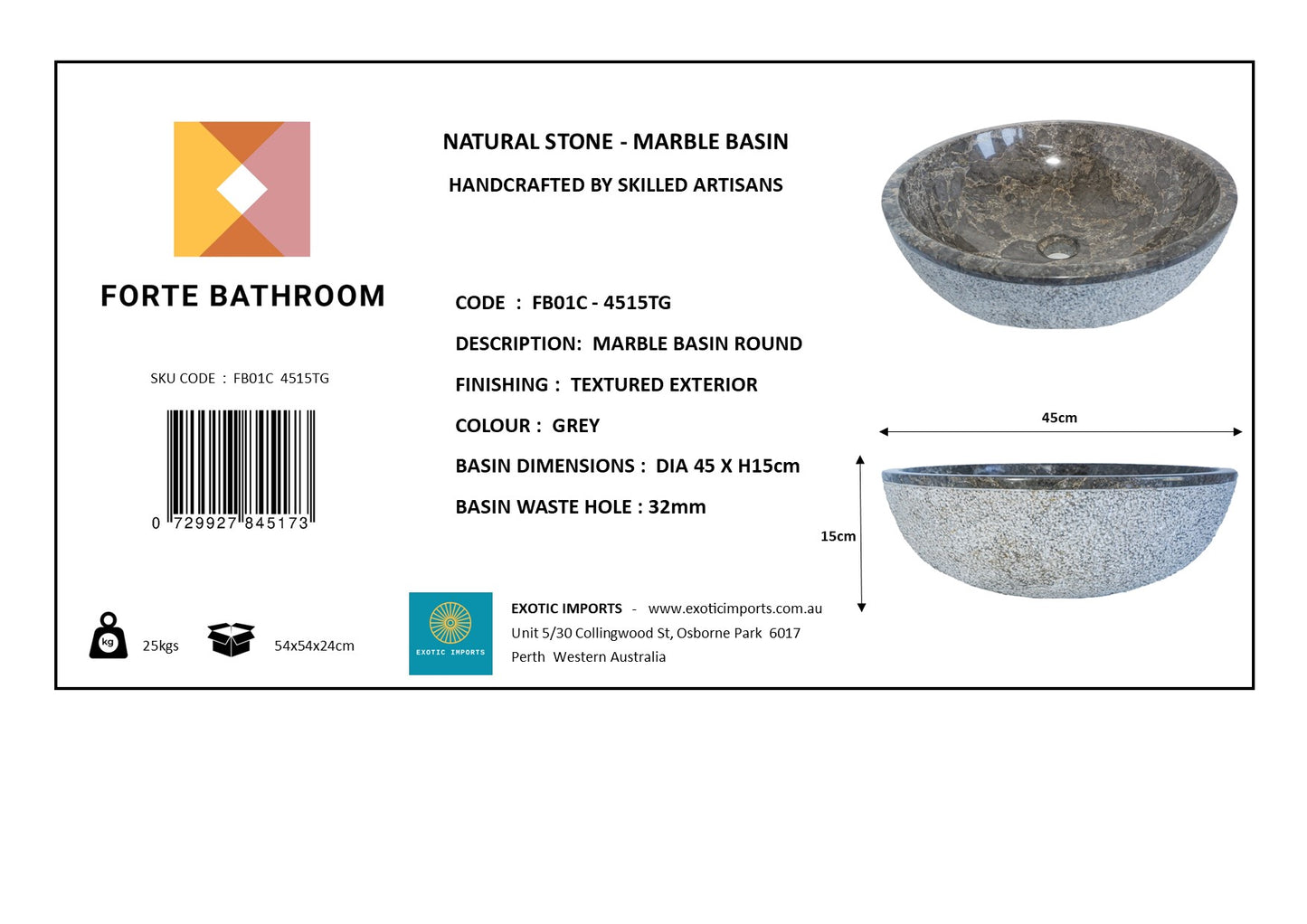 Forma Eros - Marble Vanity Basin -Textured Exterior 01 - 15cm Height - Cream or Grey - 35/40/45cm - Natural Stone
