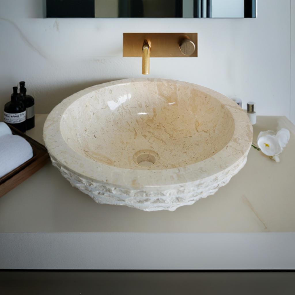 Forma Groove - Marble Vanity Basin - Textured Exterior 02 - 15cm Height - Cream or Grey - Dia 40cm - Natural Stone
