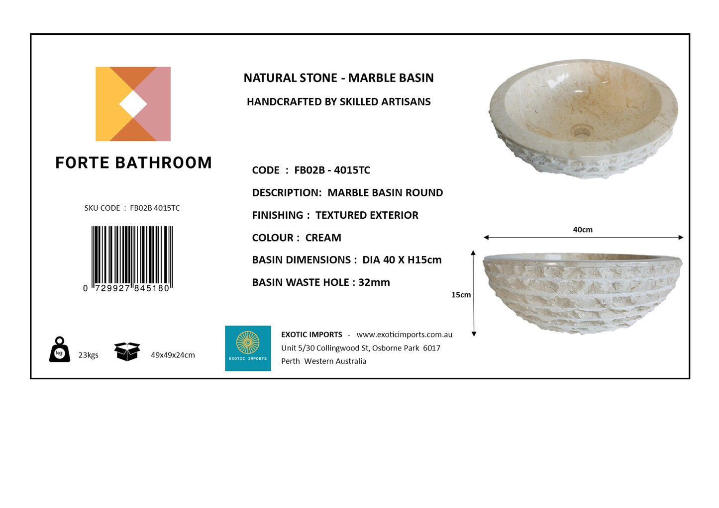 Forma Groove - Marble Vanity Basin - Textured Exterior 02 - 15cm Height - Cream or Grey - Dia 40cm - Natural Stone