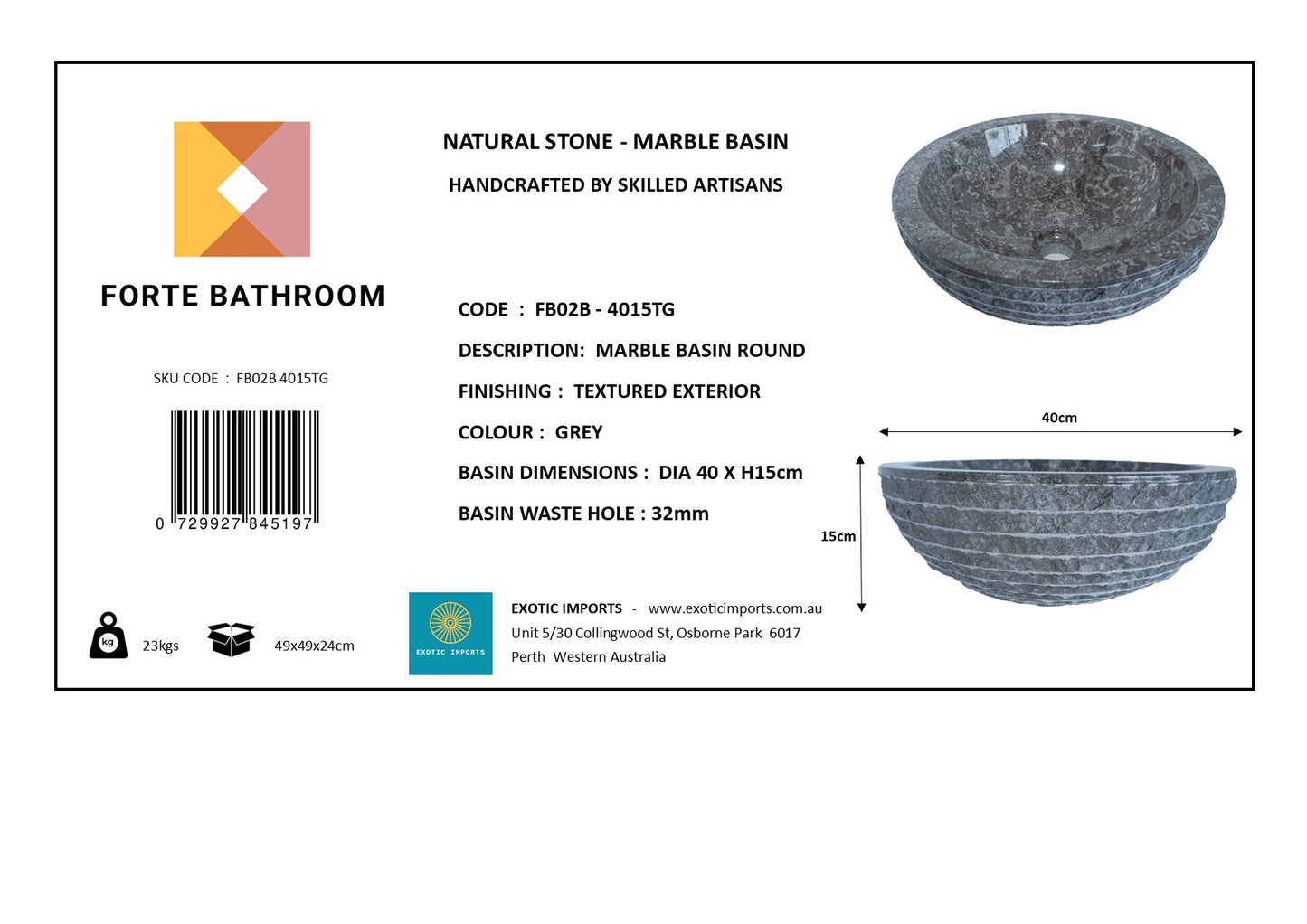 Forma Groove - Marble Vanity Basin - Textured Exterior 02 - 15cm Height - Cream or Grey - Dia 40cm - Natural Stone