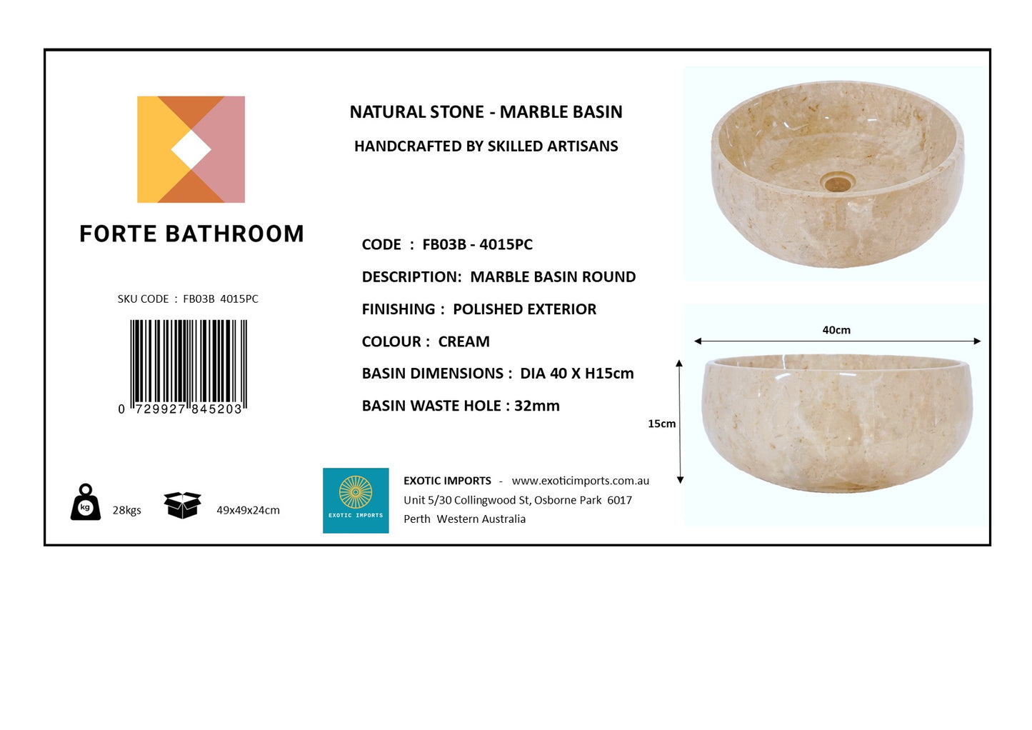Round Marble Vanity Basin – Polished Finish 02 – Height 15cm - Cream or Grey – Dia 40/45cm - Natural Stone