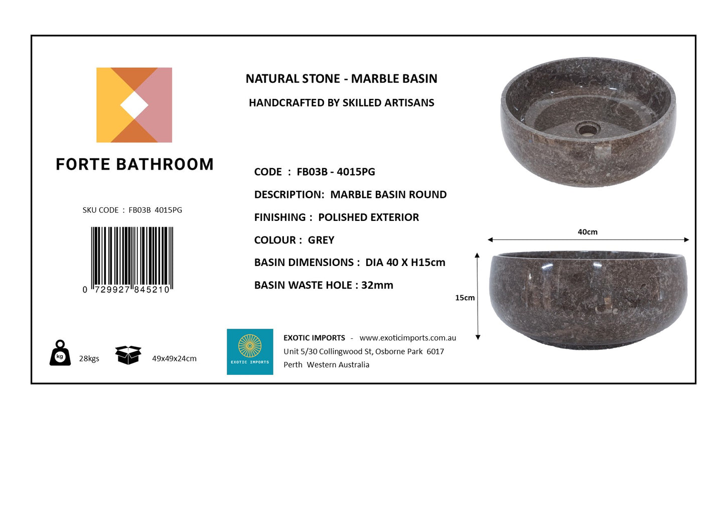 Round Marble Vanity Basin – Polished Finish 02 – Height 15cm - Cream or Grey – Dia 40/45cm - Natural Stone