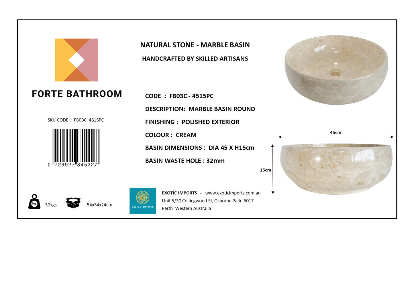 Round Marble Vanity Basin – Polished Finish 02 – Height 15cm - Cream or Grey – Dia 40/45cm - Natural Stone