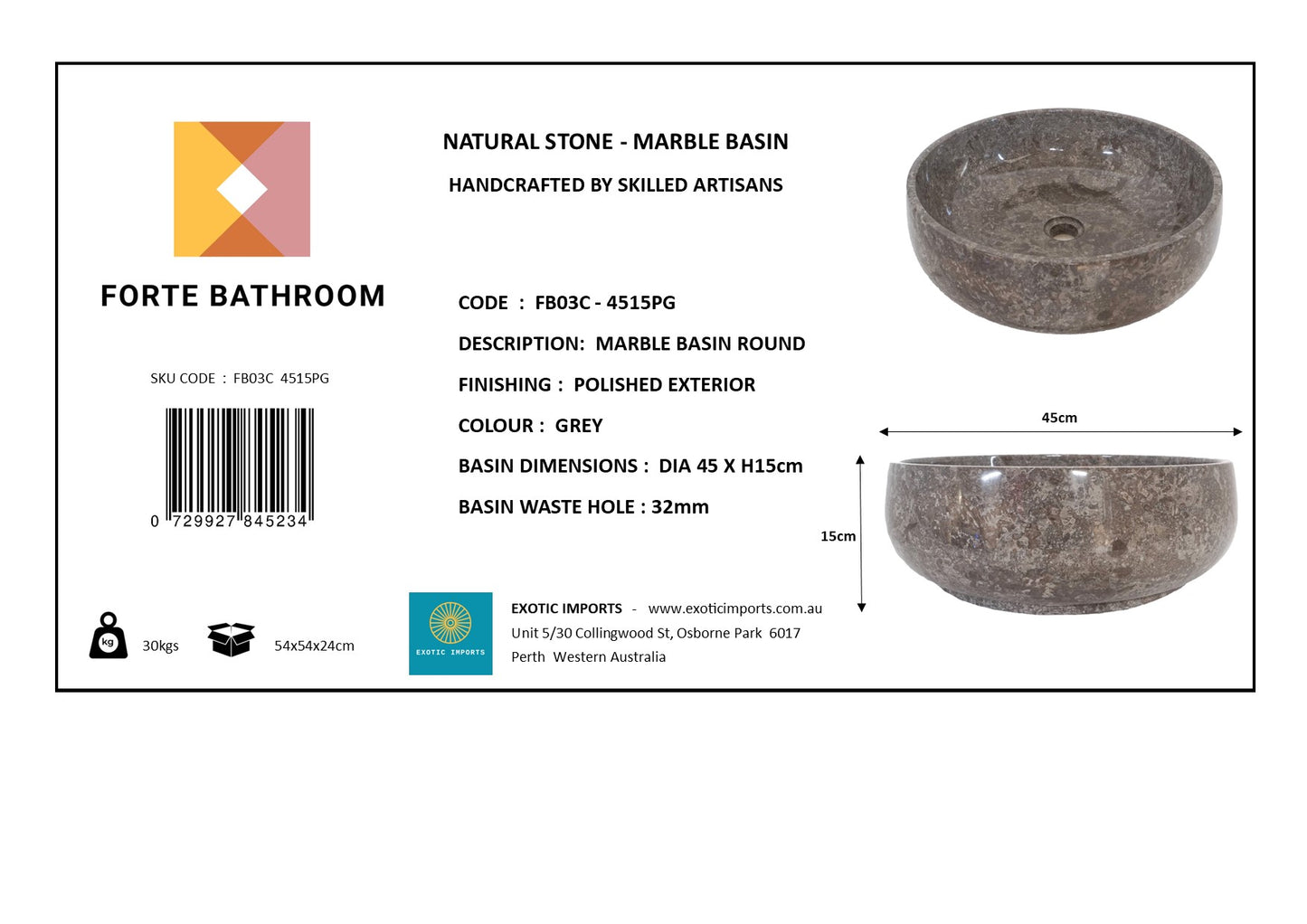 Round Marble Vanity Basin – Polished Finish 02 – Height 15cm - Cream or Grey – Dia 40/45cm - Natural Stone