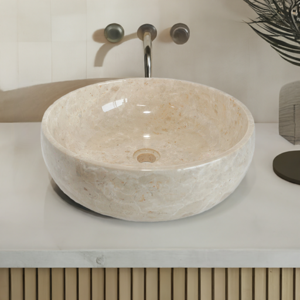 Round Marble Vanity Basin – Polished Finish 02 – Height 15cm - Cream or Grey – Dia 40/45cm - Natural Stone
