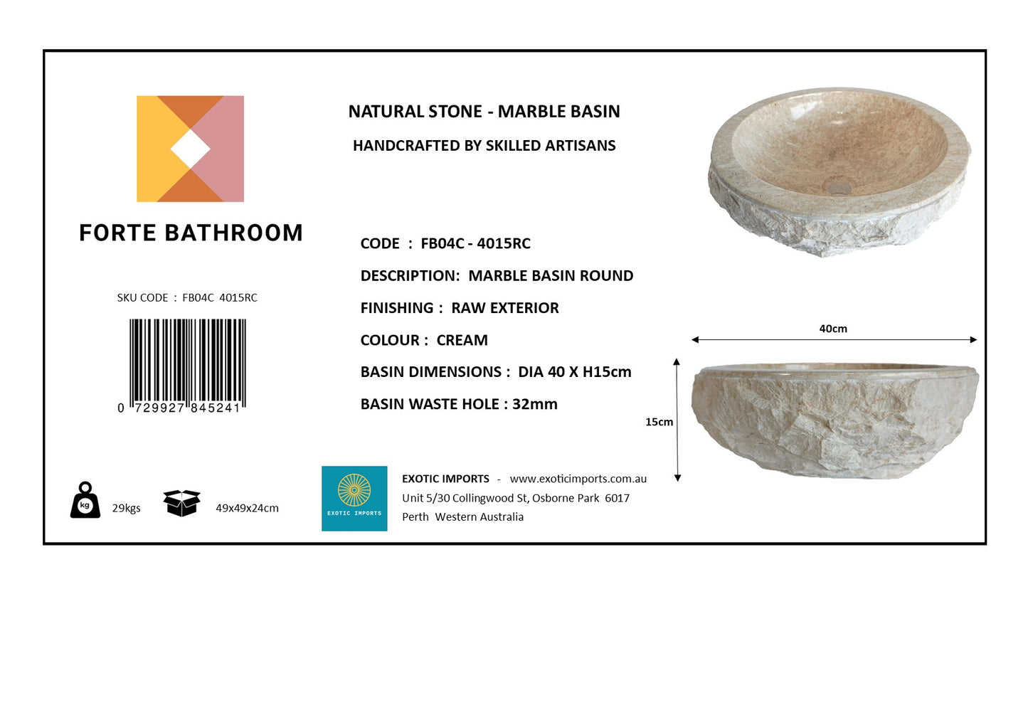 Sierra Round Marble Vanity Basin – Rock Texture - 15/17cm Height – Cream – 40/45cm