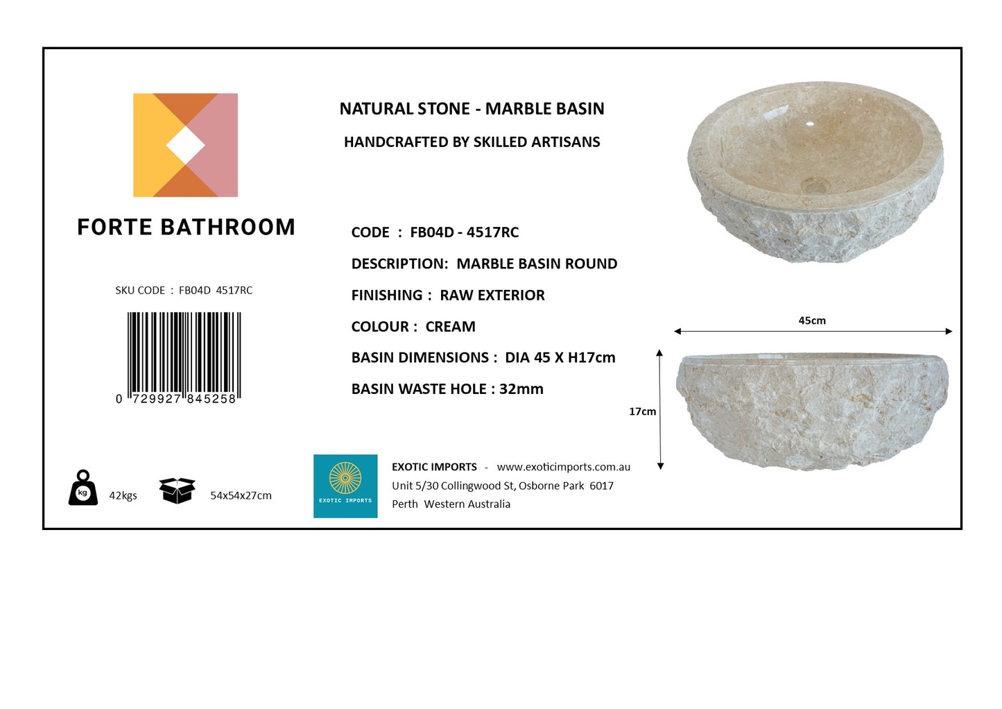 Sierra Round Marble Vanity Basin – Rock Texture - 15/17cm Height – Cream – 40/45cm