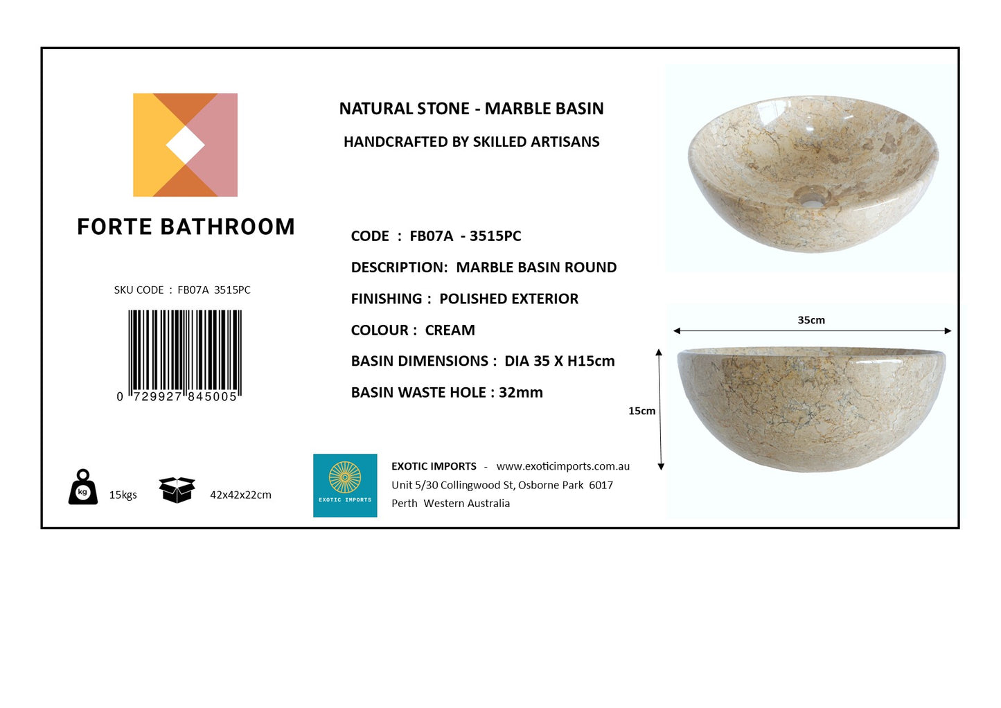 Pure Form - Polished Marble Vanity Basin – 15cm Height – Cream or Grey – 35/40/45cm - Natural Stone