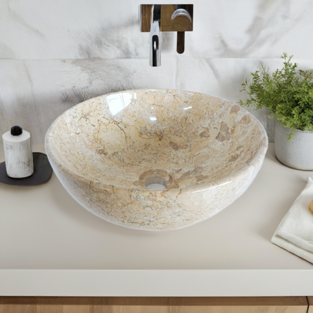 Polished Round Marble Vanity Basin – 15cm Height – Cream or Grey – 35/40/45cm - Natural Stone