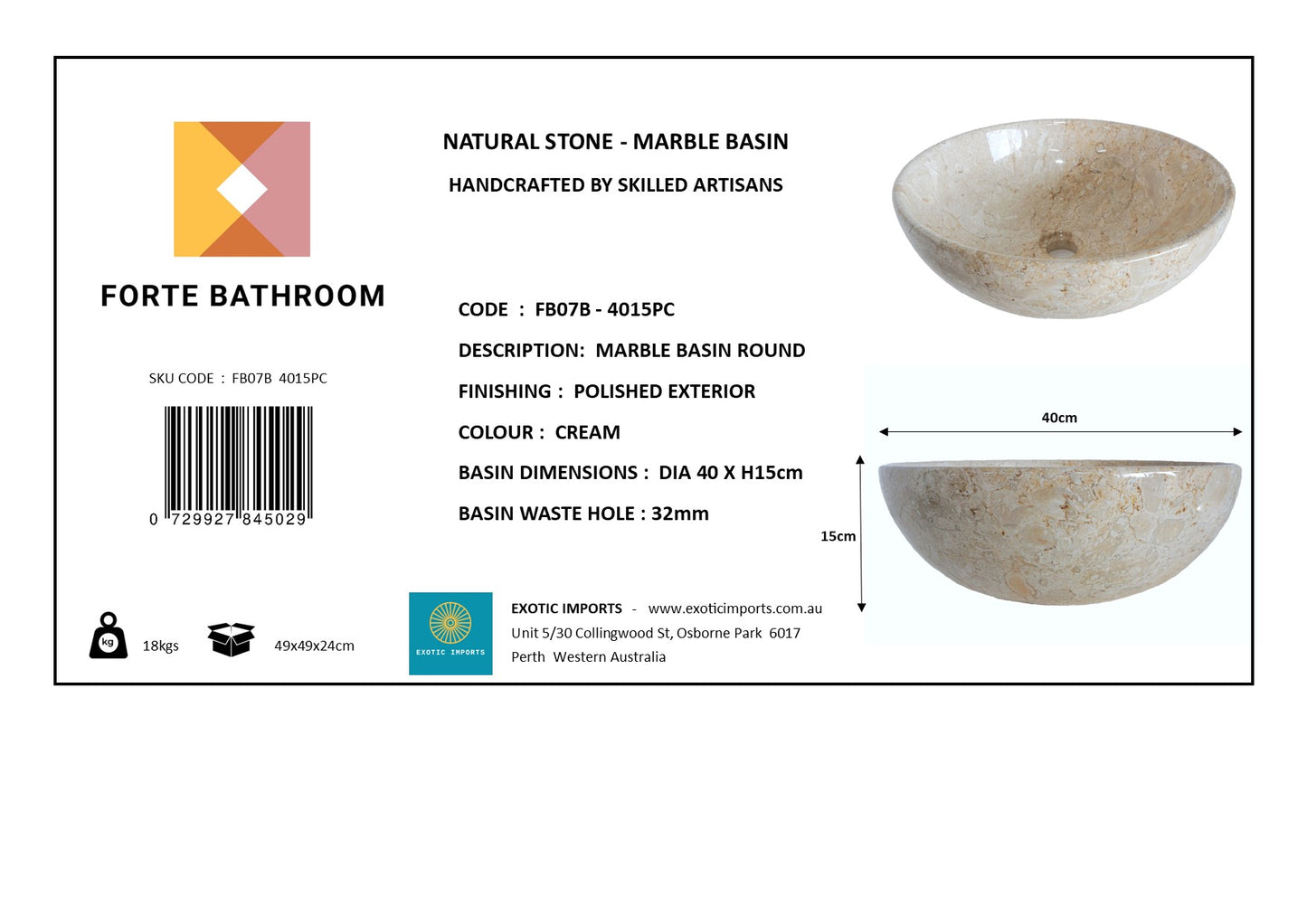 Pure Form - Polished Marble Vanity Basin – 15cm Height – Cream or Grey – 35/40/45cm - Natural Stone