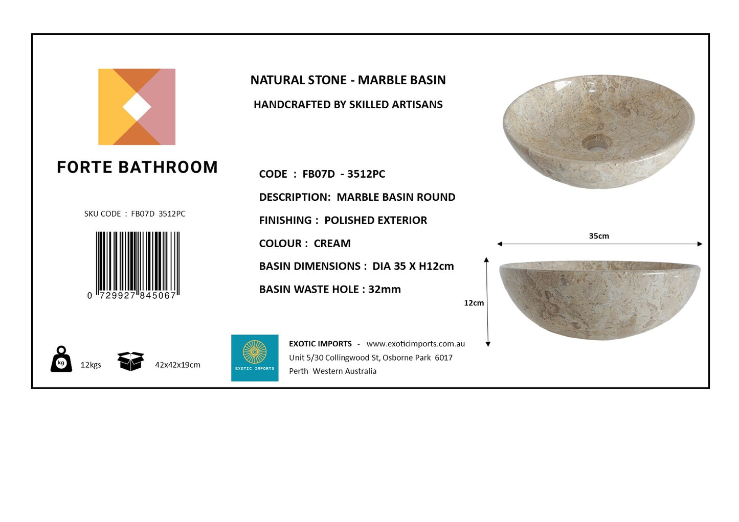Pure Form - Polished Marble Basin – 12cm Height – Cream or Grey – Dia 35/40/45cm - Natural Stone