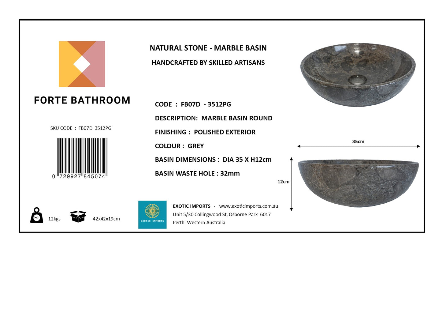 Pure Form - Polished Marble Basin – 12cm Height – Cream or Grey – Dia 35/40/45cm - Natural Stone
