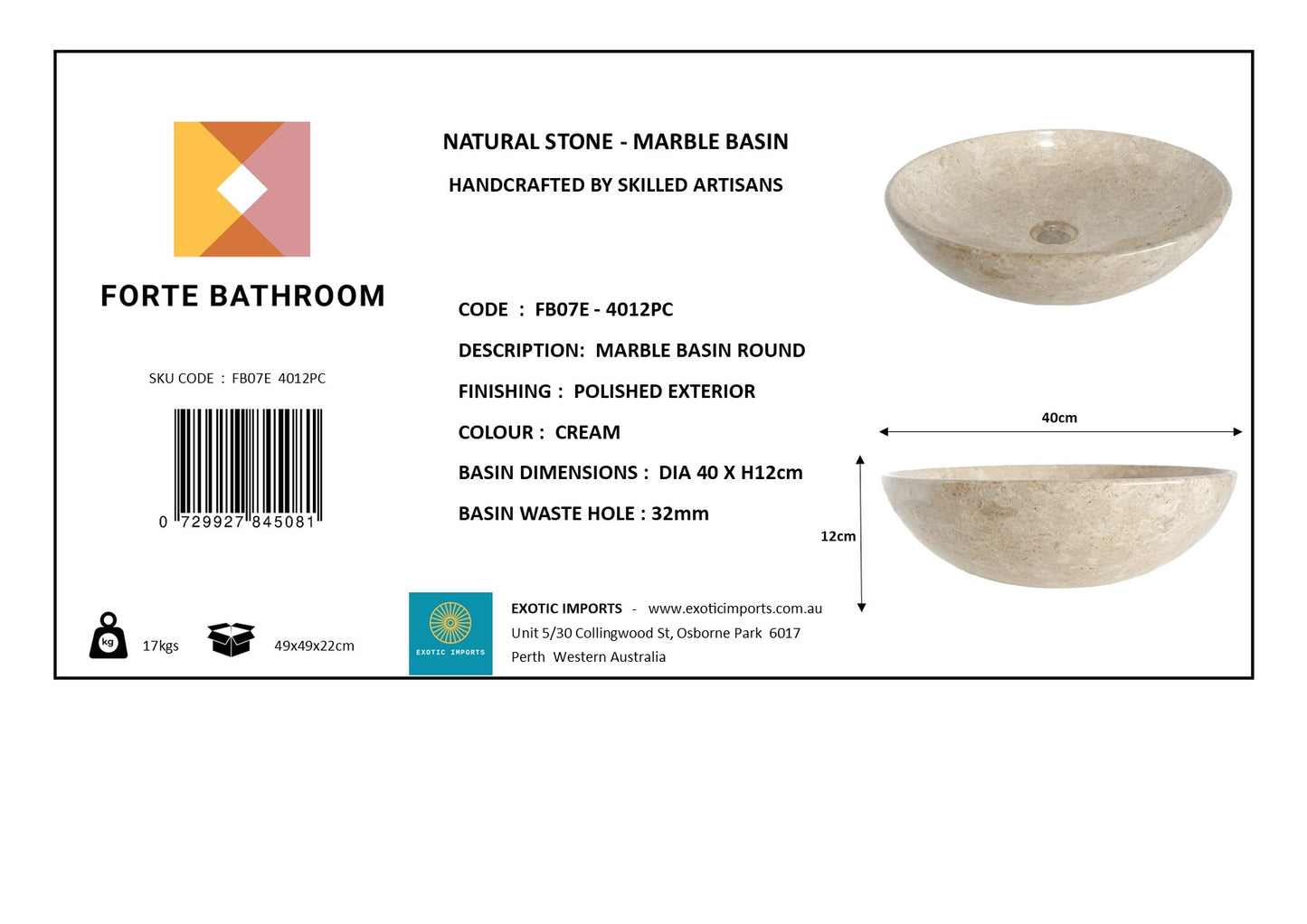 Pure Form - Polished Marble Basin – 12cm Height – Cream or Grey – Dia 35/40/45cm - Natural Stone