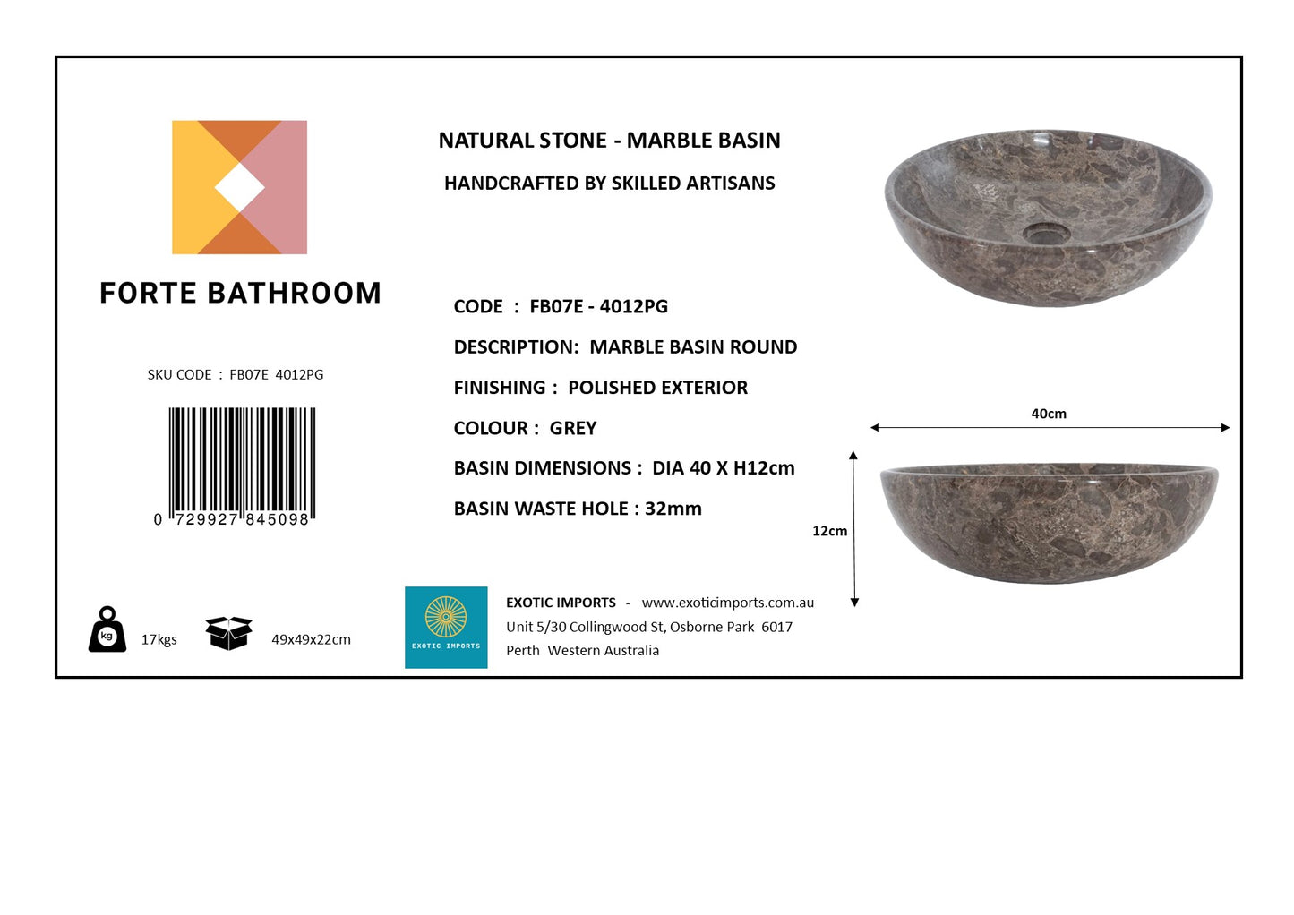 Pure Form - Polished Marble Basin – 12cm Height – Cream or Grey – Dia 35/40/45cm - Natural Stone