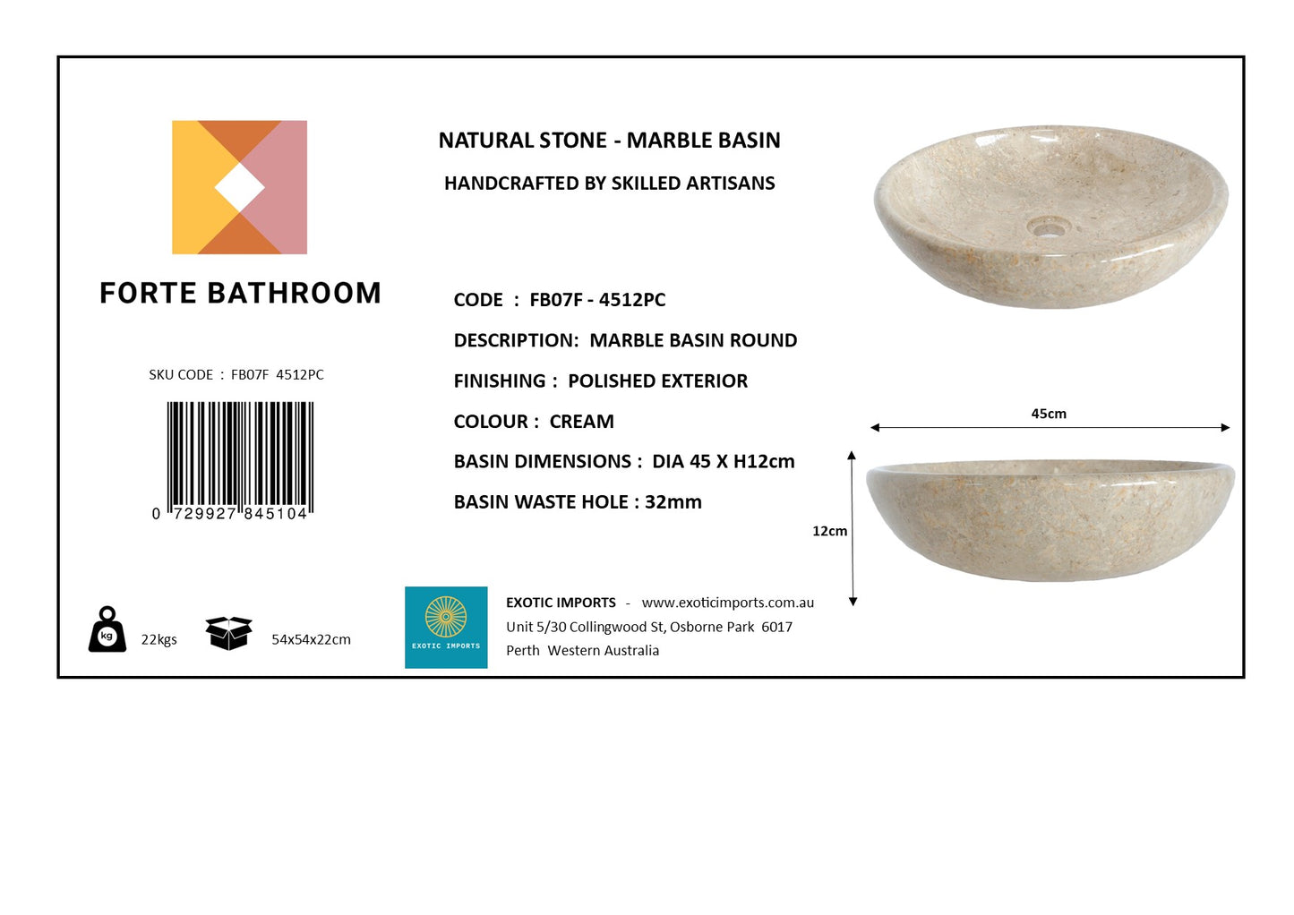 Pure Form - Polished Marble Basin – 12cm Height – Cream or Grey – Dia 35/40/45cm - Natural Stone