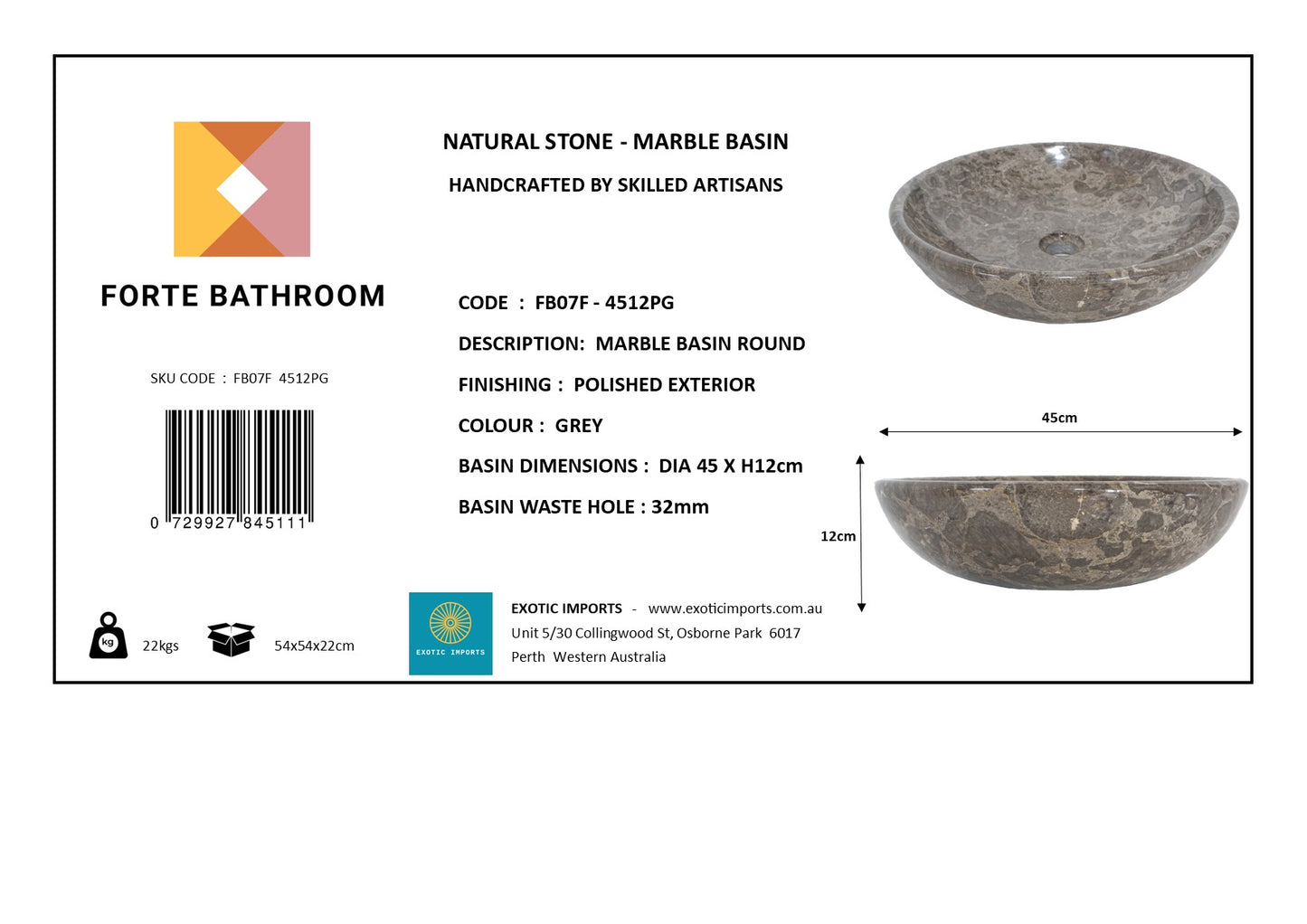 Pure Form - Polished Marble Basin – 12cm Height – Cream or Grey – Dia 35/40/45cm - Natural Stone