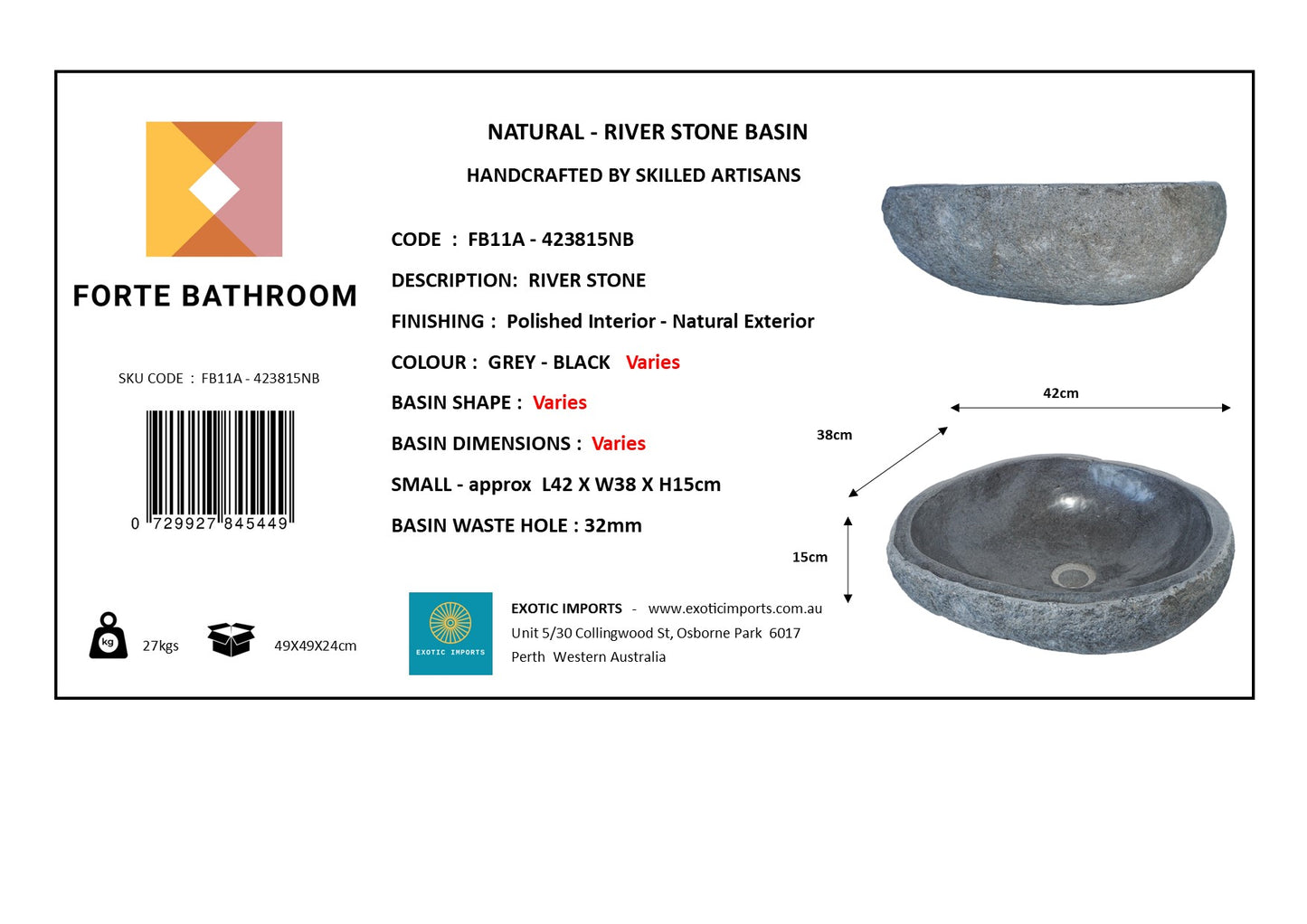 Natural River stone Bathroom Basin - Rock Exterior - Polished Interior - sm/med/lge - dark grey