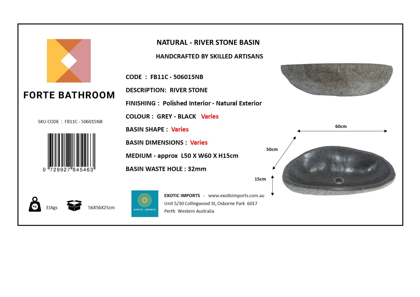 Natural River stone Bathroom Basin - Rock Exterior - Polished Interior - sm/med/lge - dark grey