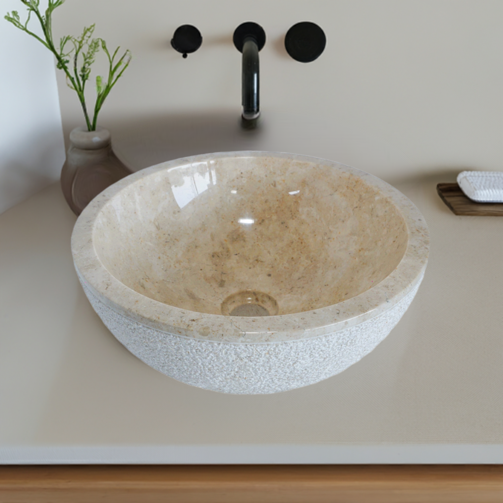 Forma Eros - Marble Vanity Basin -Textured Exterior 01 - 15cm Height - Cream or Grey - 35/40/45cm - Natural Stone
