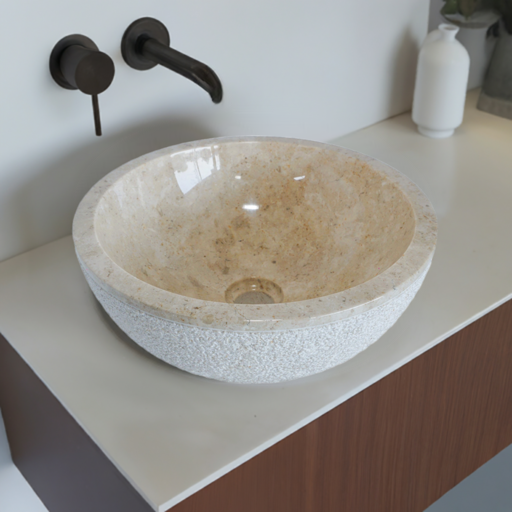 Forma Eros - Marble Vanity Basin -Textured Exterior 01 - 15cm Height - Cream or Grey - 35/40/45cm - Natural Stone