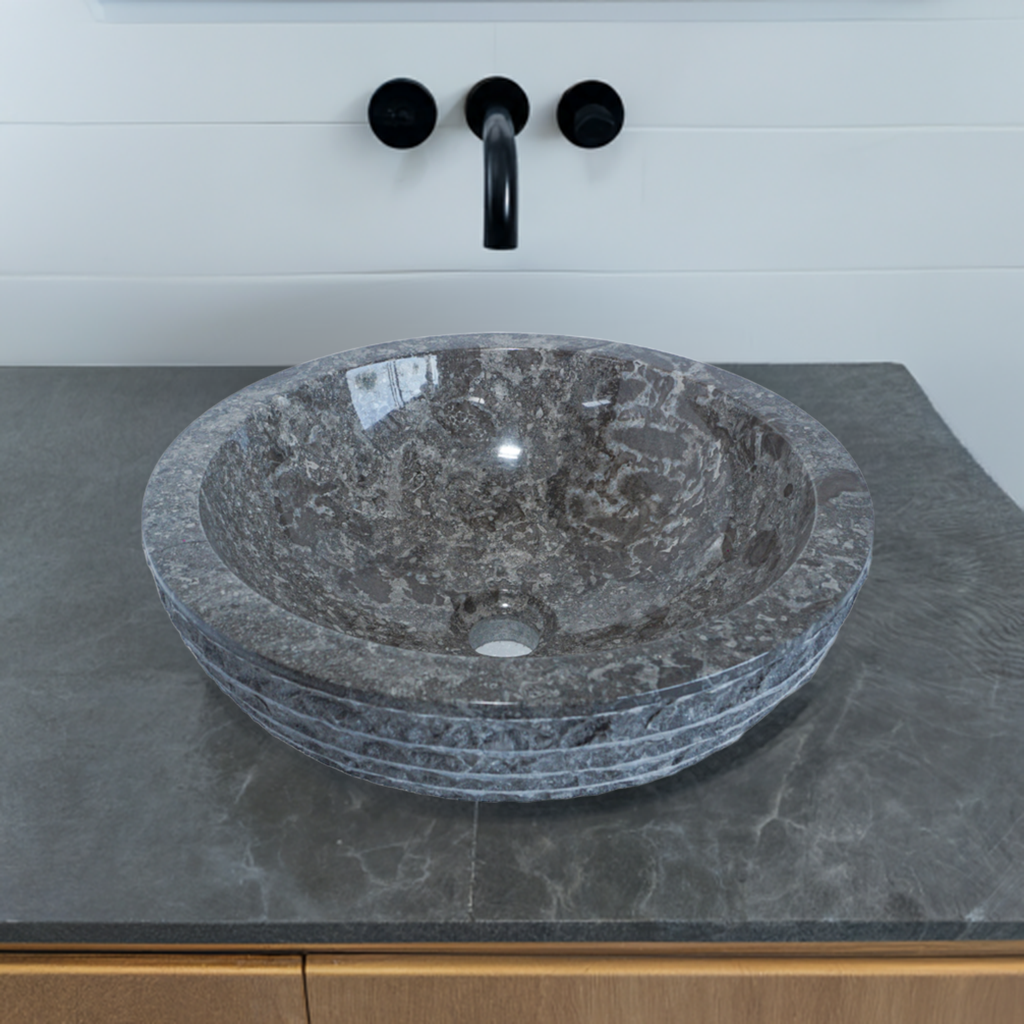 Forma Groove - Marble Vanity Basin - Textured Exterior 02 - 15cm Height - Cream or Grey - Dia 40cm - Natural Stone