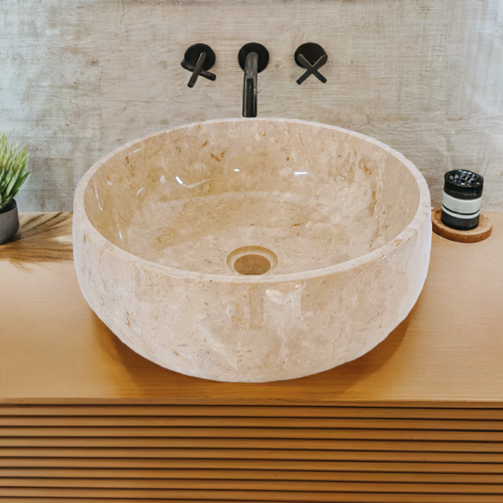 Round Marble Vanity Basin – Polished Finish 02 – Height 15cm - Cream or Grey – Dia 40/45cm - Natural Stone