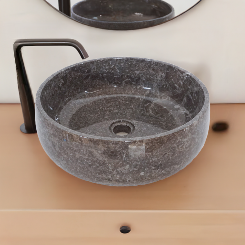 Round Marble Vanity Basin – Polished Finish 02 – Height 15cm - Cream or Grey – Dia 40/45cm - Natural Stone