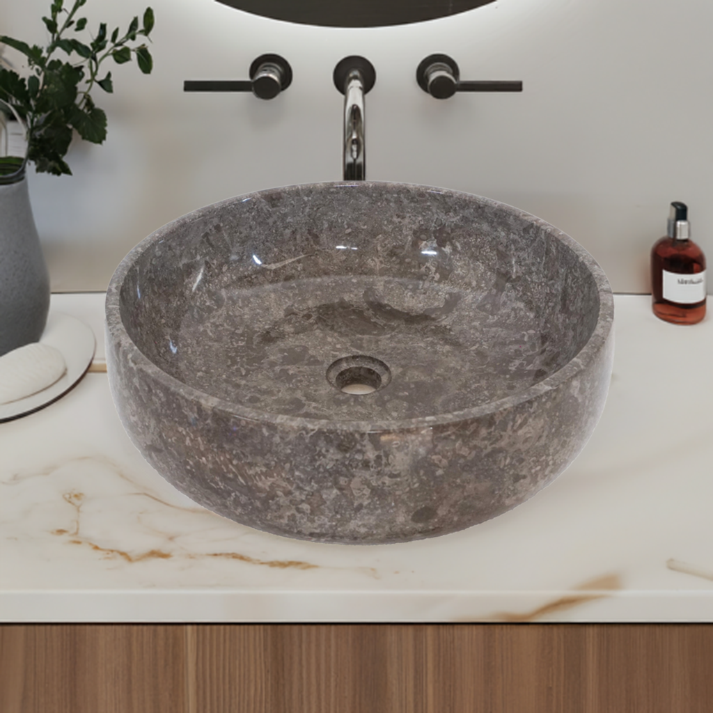 Round Marble Vanity Basin – Polished Finish 02 – Height 15cm - Cream or Grey – Dia 40/45cm - Natural Stone
