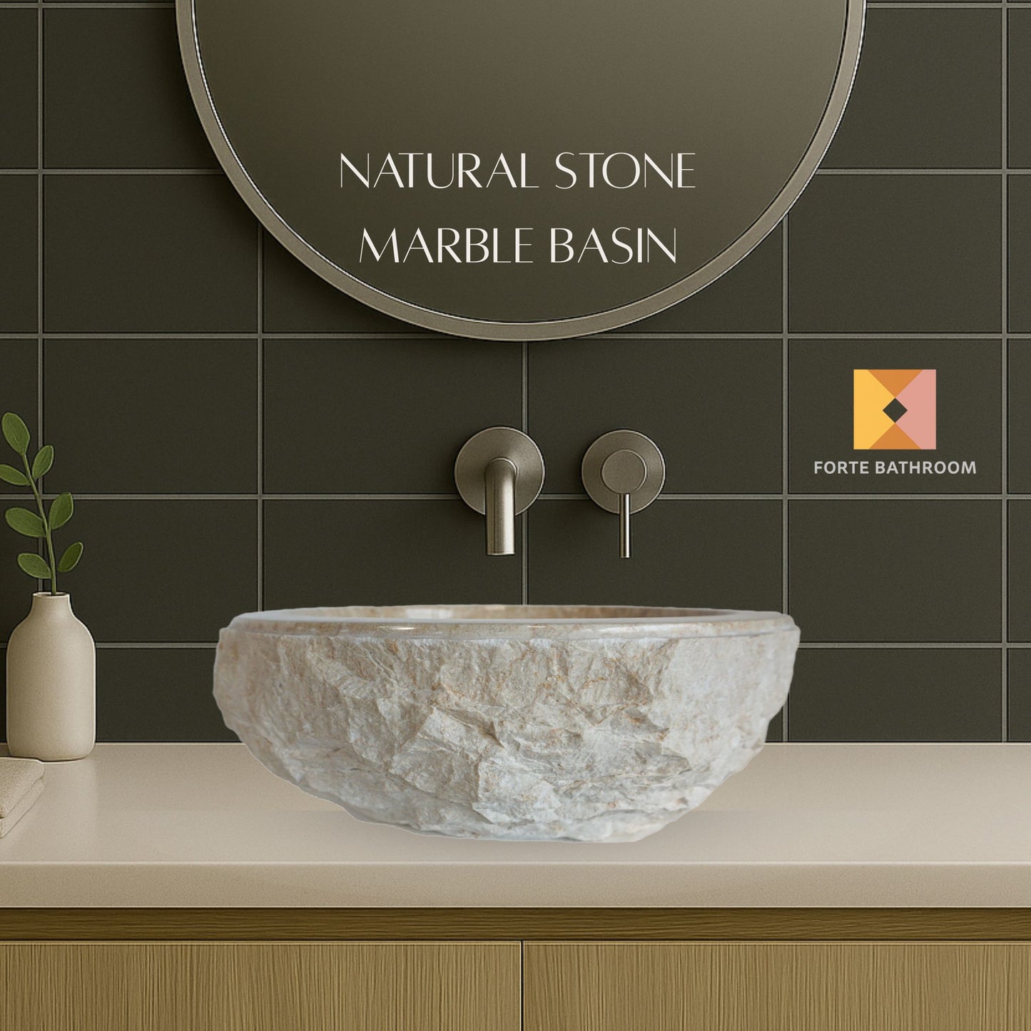 Sierra Round Marble Vanity Basin – Rock Texture - 15/17cm Height – Cream – 40/45cm