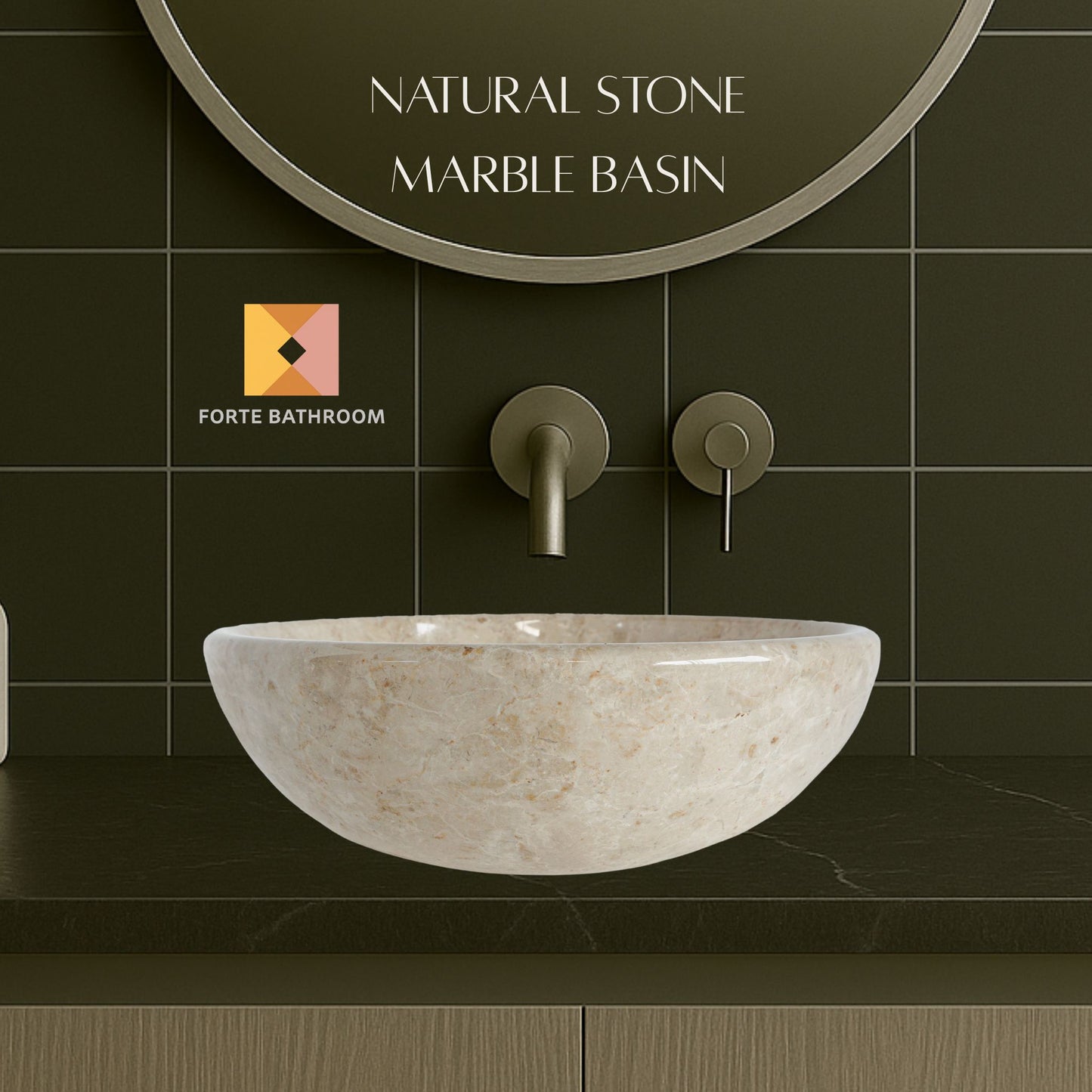 Pure Form - Polished Marble Vanity Basin – 15cm Height – Cream or Grey – 35/40/45cm - Natural Stone