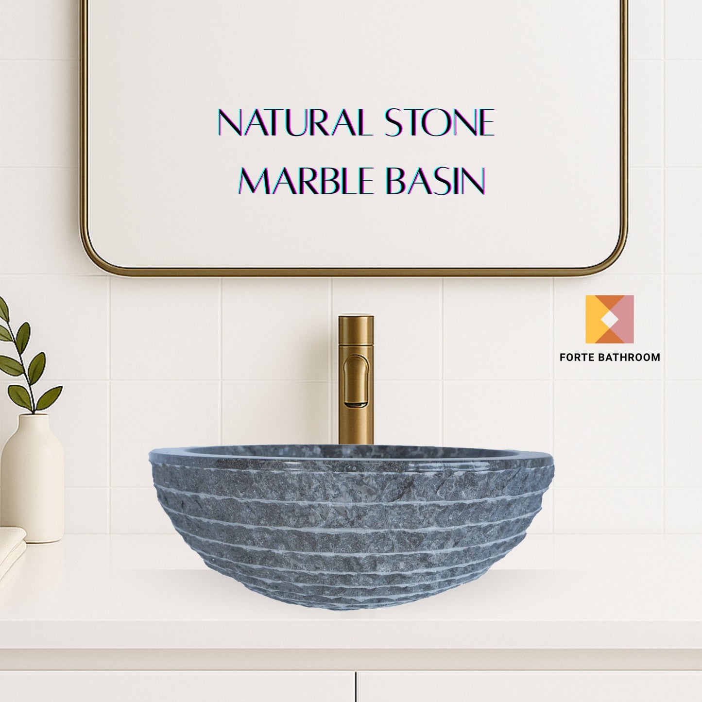 Forma Groove - Marble Vanity Basin - Textured Exterior 02 - 15cm Height - Cream or Grey - Dia 40cm - Natural Stone