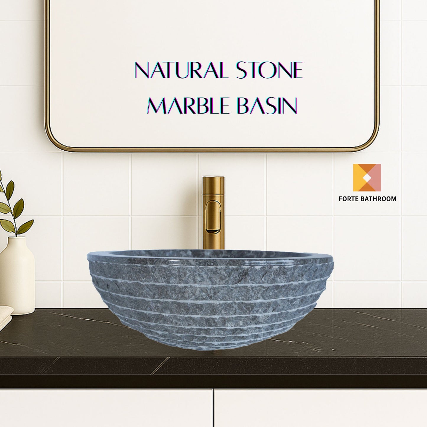 Forma Groove - Marble Vanity Basin - Textured Exterior 02 - 15cm Height - Cream or Grey - Dia 40cm - Natural Stone
