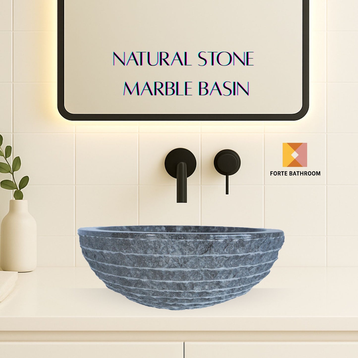 Forma Groove - Marble Vanity Basin - Textured Exterior 02 - 15cm Height - Cream or Grey - Dia 40cm - Natural Stone