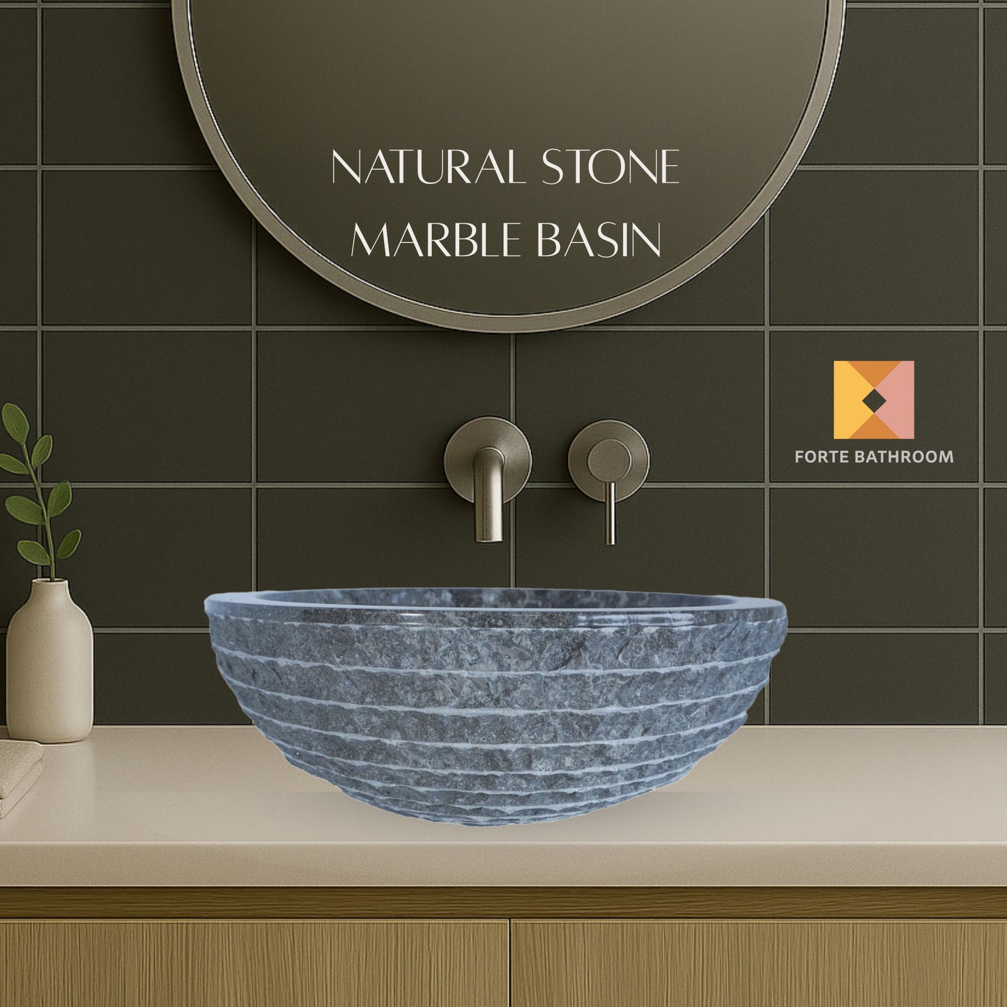 Forma Groove - Marble Vanity Basin - Textured Exterior 02 - 15cm Height - Cream or Grey - Dia 40cm - Natural Stone