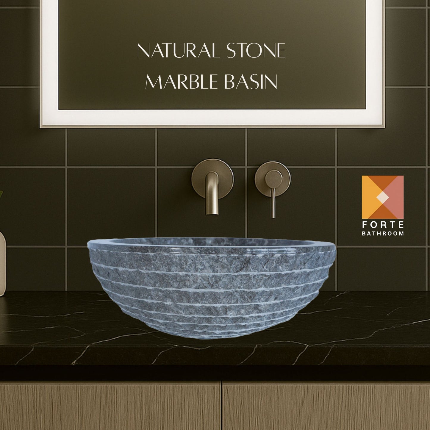 Forma Groove - Marble Vanity Basin - Textured Exterior 02 - 15cm Height - Cream or Grey - Dia 40cm - Natural Stone