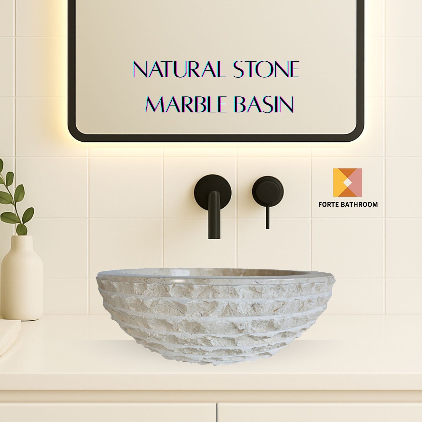Forma Groove - Marble Vanity Basin - Textured Exterior 02 - 15cm Height - Cream or Grey - Dia 40cm - Natural Stone
