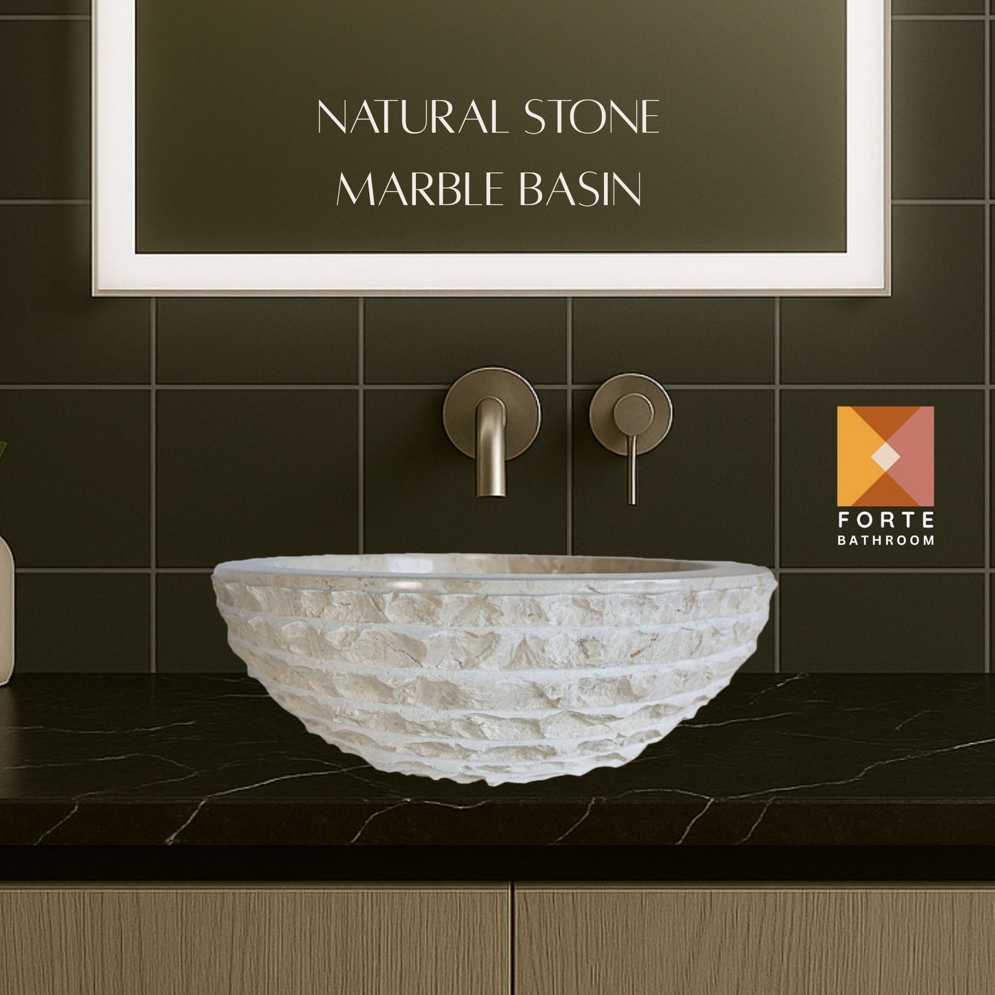 Forma Groove - Marble Vanity Basin - Textured Exterior 02 - 15cm Height - Cream or Grey - Dia 40cm - Natural Stone