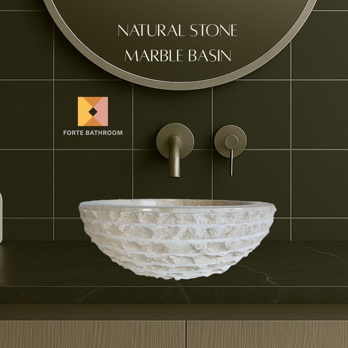 Forma Groove - Marble Vanity Basin - Textured Exterior 02 - 15cm Height - Cream or Grey - Dia 40cm - Natural Stone