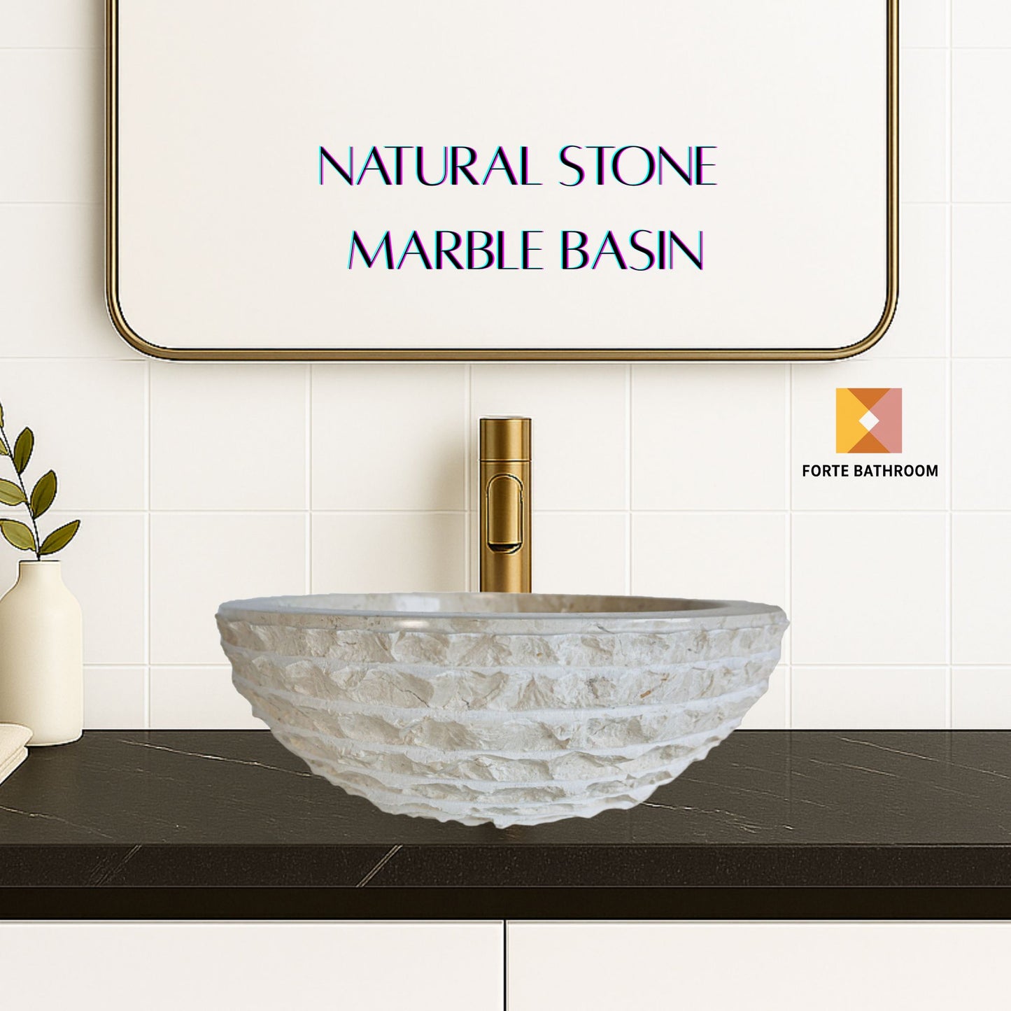 Forma Groove - Marble Vanity Basin - Textured Exterior 02 - 15cm Height - Cream or Grey - Dia 40cm - Natural Stone