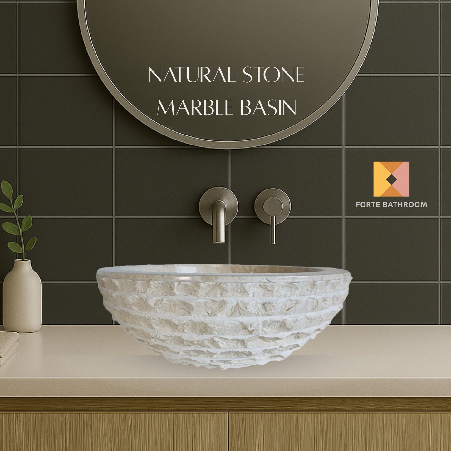 Forma Groove - Marble Vanity Basin - Textured Exterior 02 - 15cm Height - Cream or Grey - Dia 40cm - Natural Stone