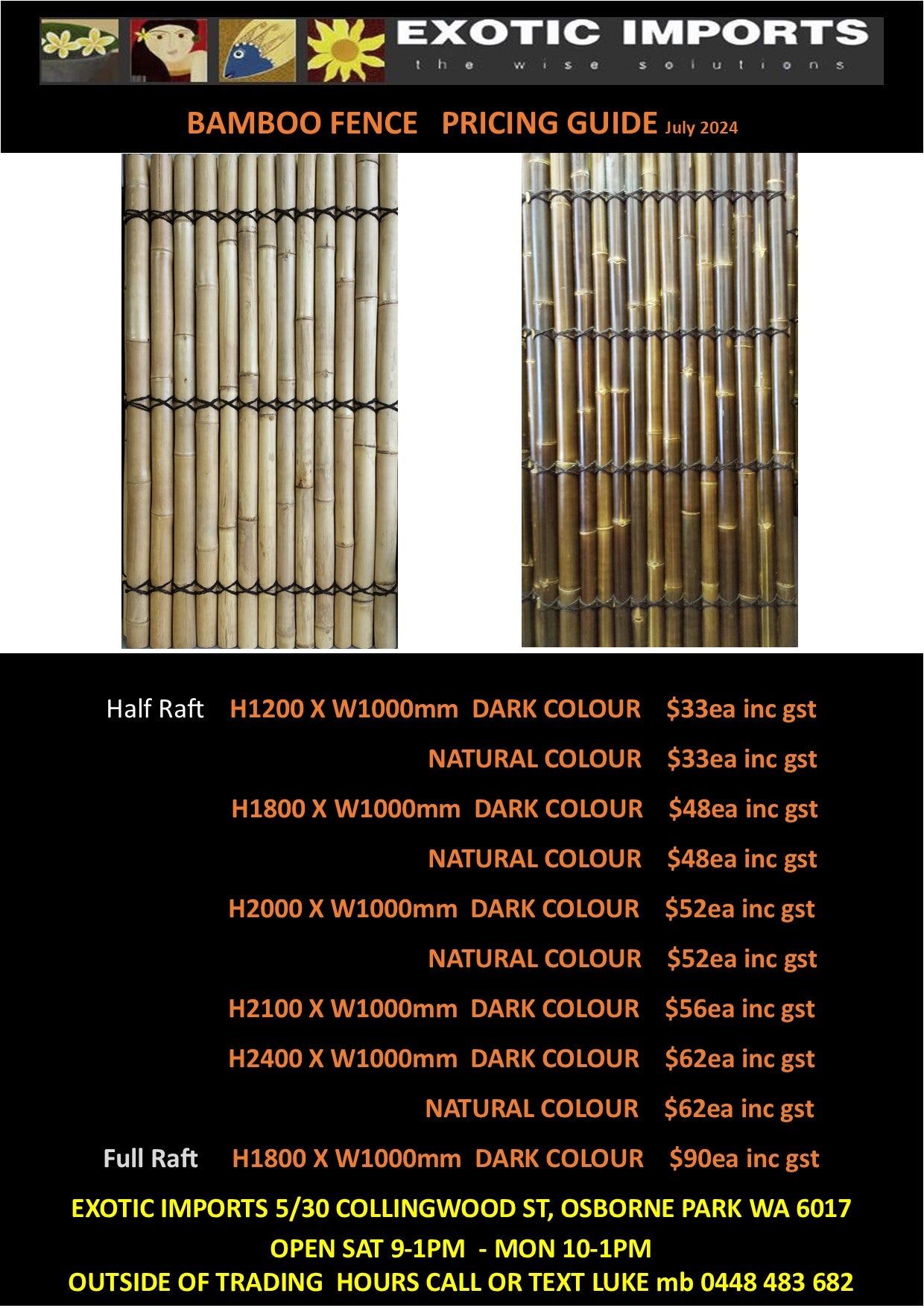 Bamboo Fence & Screening - Height 1200 x Width 1000mm