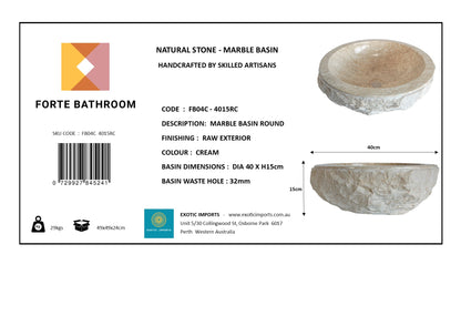 Sierra Round Marble Vanity Basin – Rock Texture - 15/17cm Height – Cream – 40/45cm