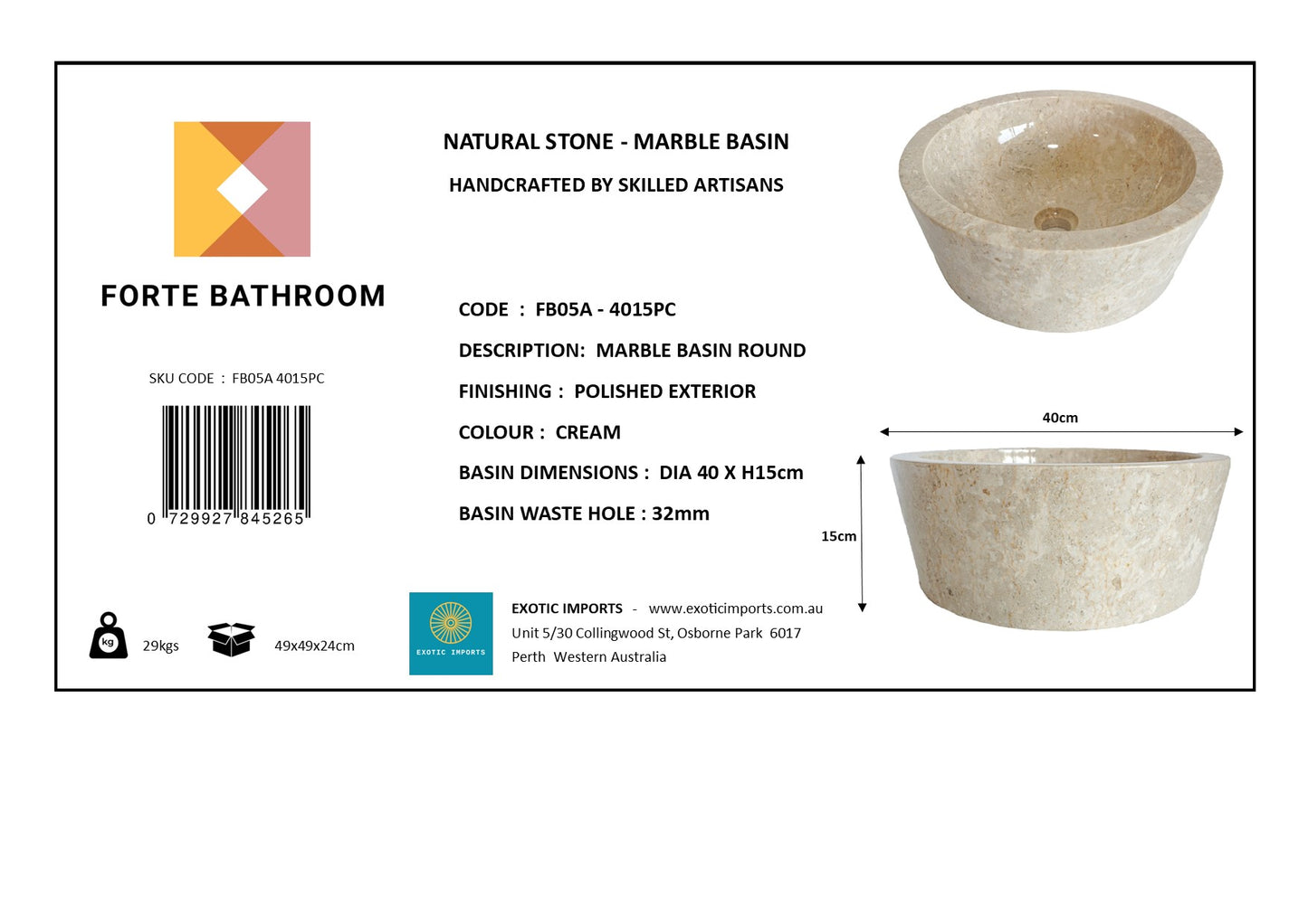 Forma Lucid - Marble Vanity Basin - Polished finish - H15cm - Cream or grey - Dia 40cm - Natural Stone